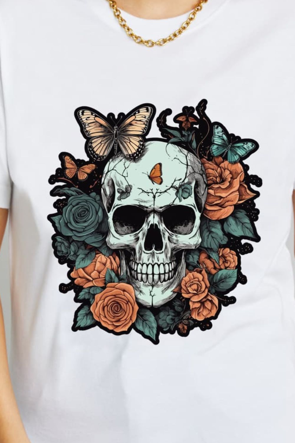 Simply Love SKULLS ROSES BUTTERFLIES Graphic Cotton T-Shirt