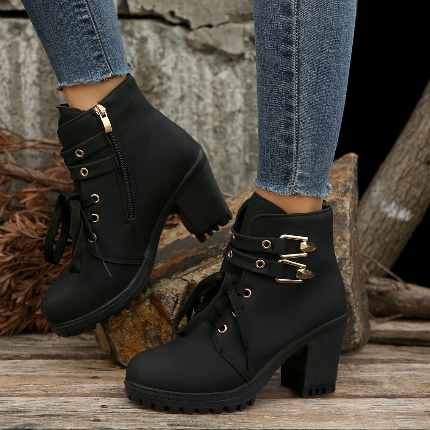 KayBee Leather and Buckles Round Toe Block Heel Boots