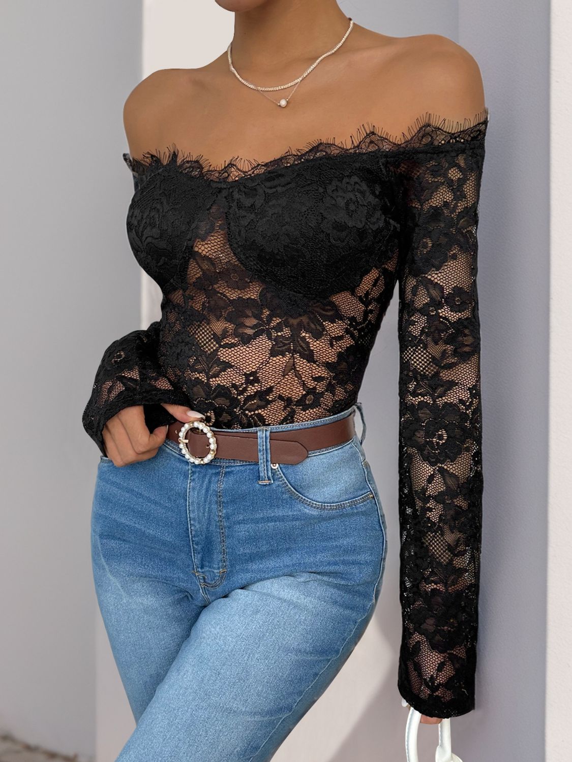 So Perfect Lace Off-Shoulder Long Sleeve Bodysuit