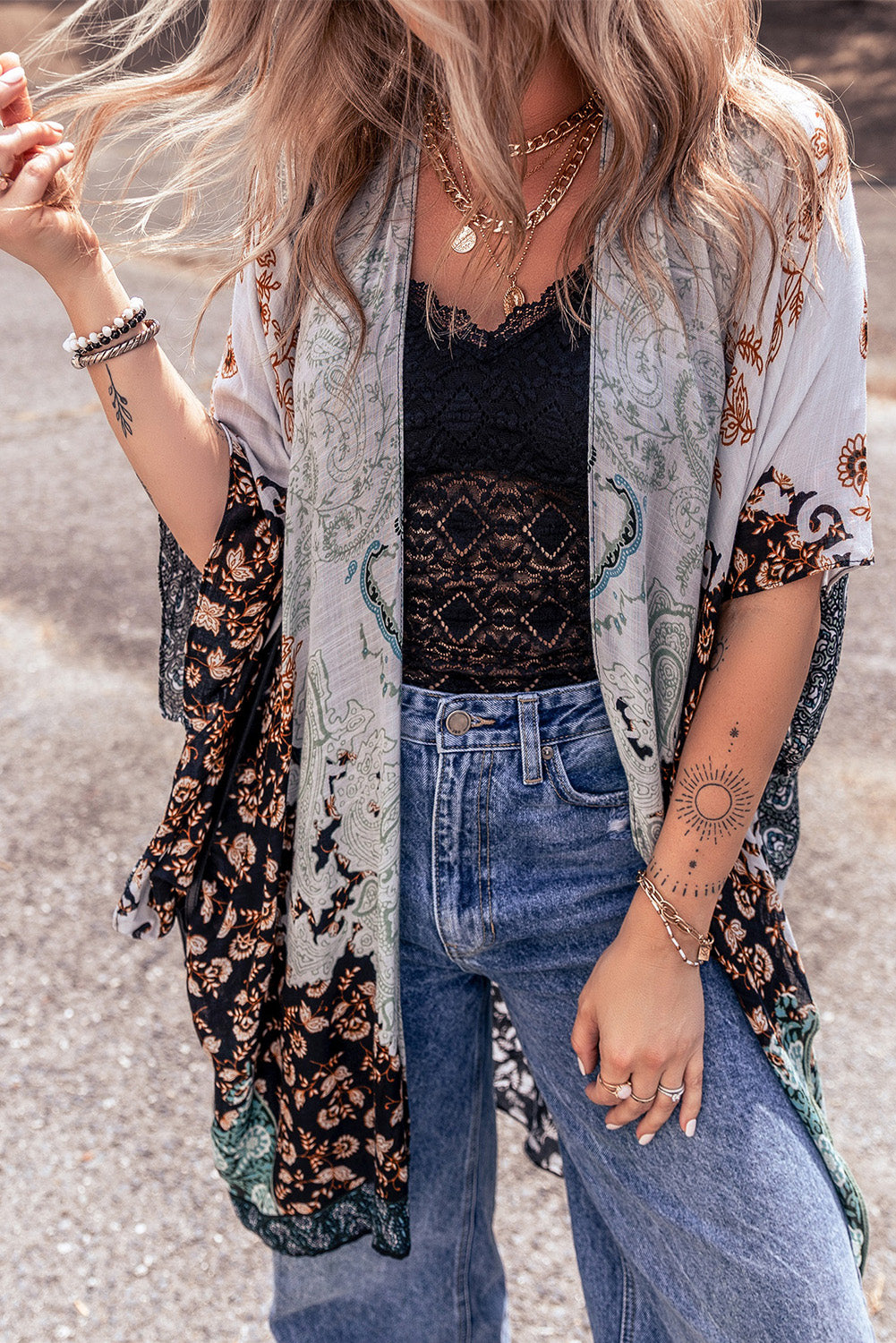 KayBee Open Front Printed Half Sleeve Cover Up