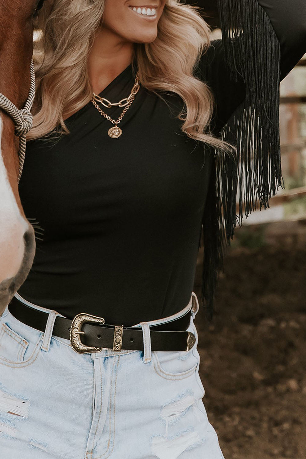 KayBee Fringed One-Shoulder Bodysuit