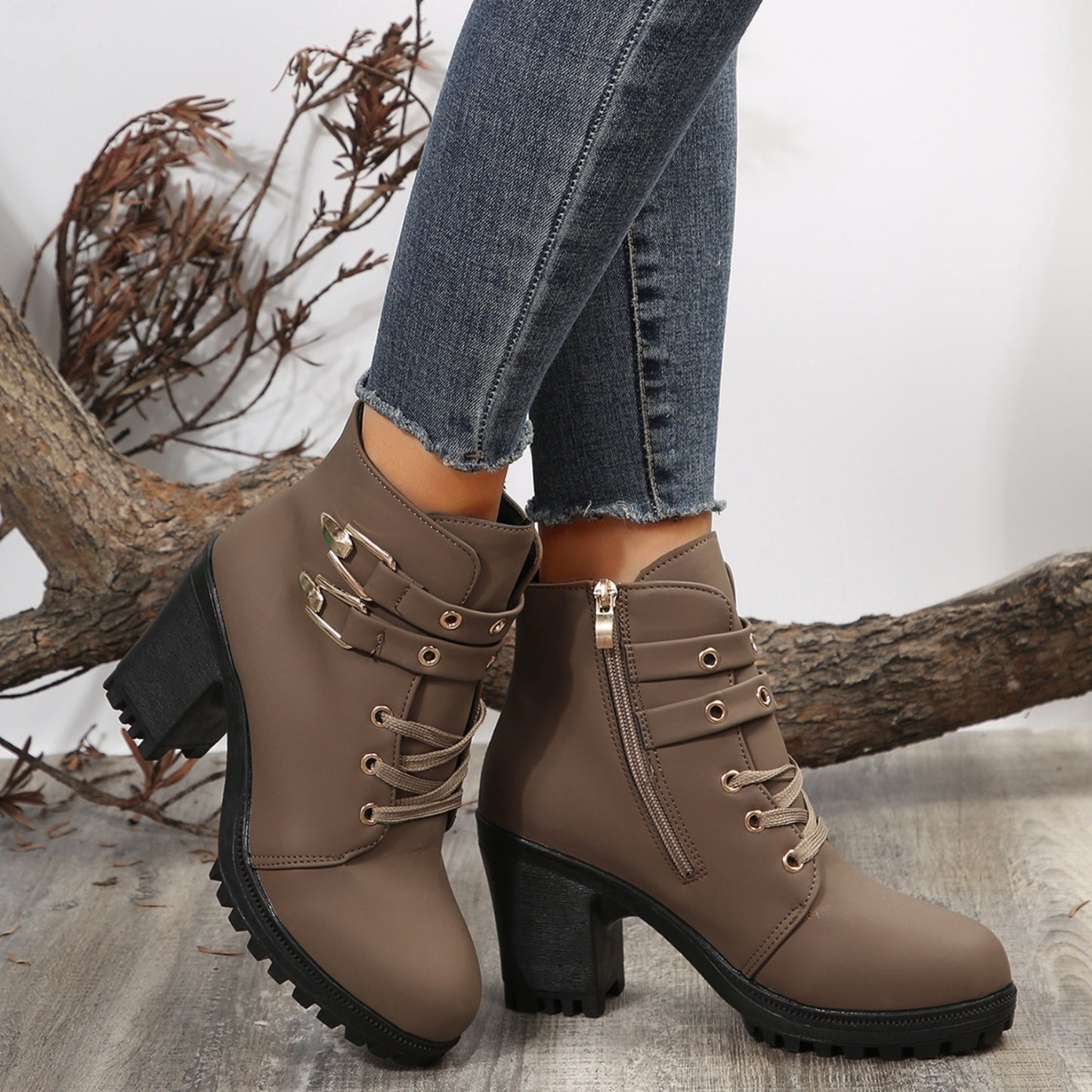 KayBee Leather and Buckles Round Toe Block Heel Boots
