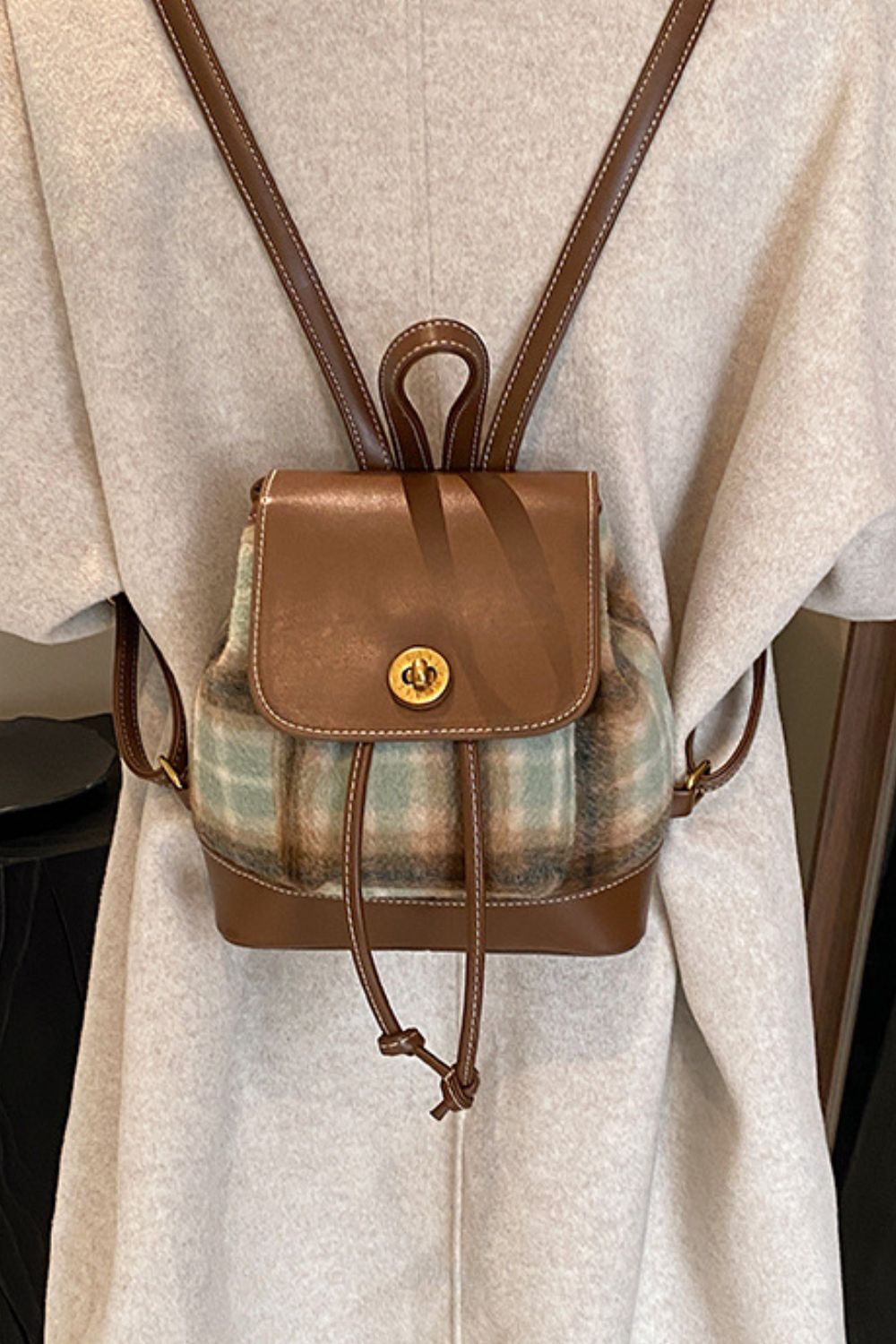 KayBee Leather Drawstring Plaid Backpack Bag