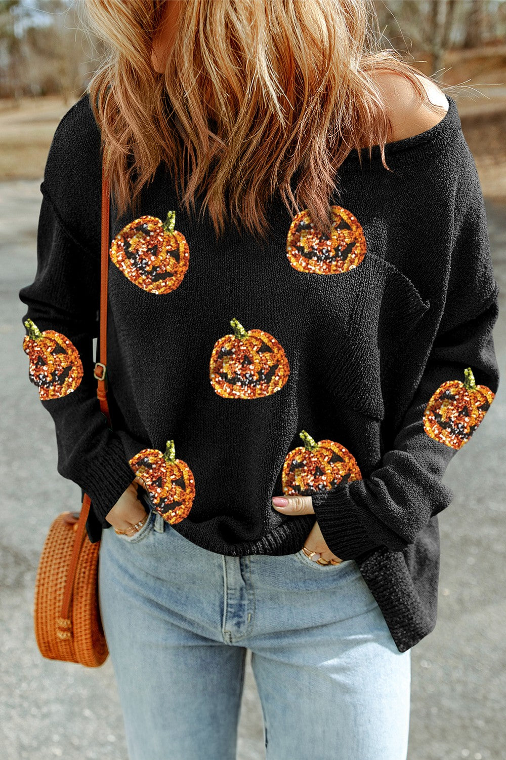 KayBee So Spooky Halloween Off Shoulder Sequin Pumpkins Round Neck Long Sleeve Knit Top
