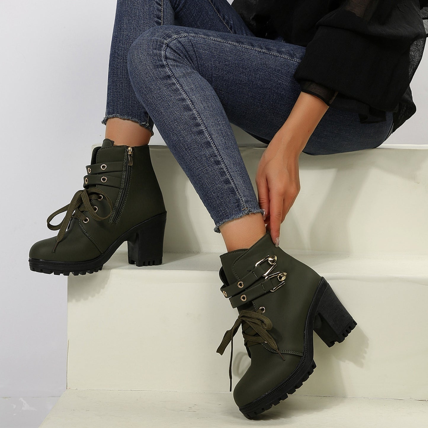 KayBee Leather and Buckles Round Toe Block Heel Boots