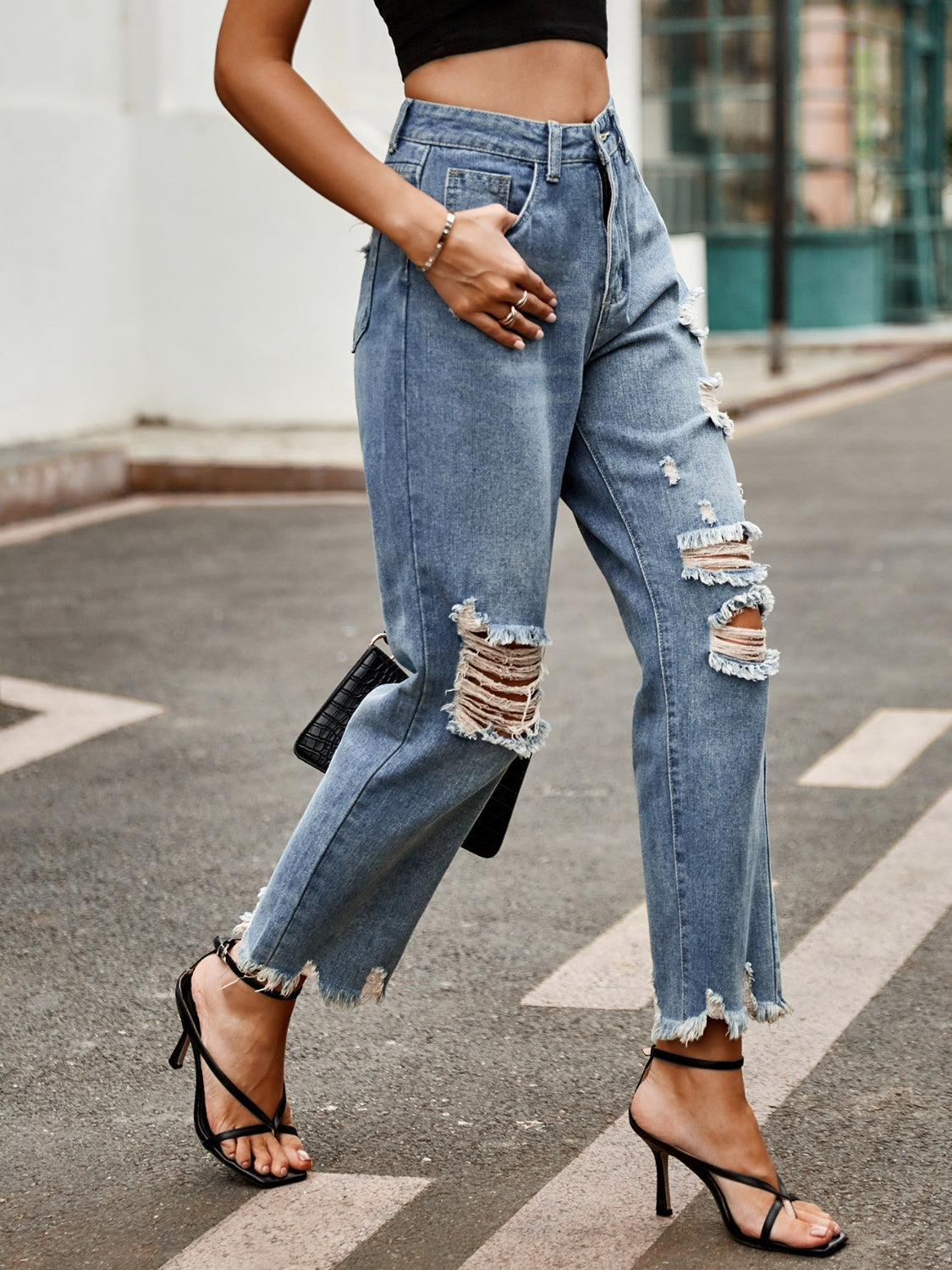 KayBee Distressed Raw Hem Jeans with Pockets