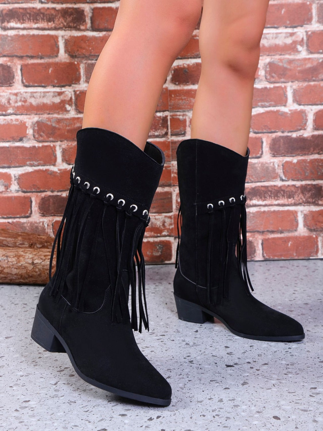 KayBee Fringe Suede Point Toe Block Heel Boots