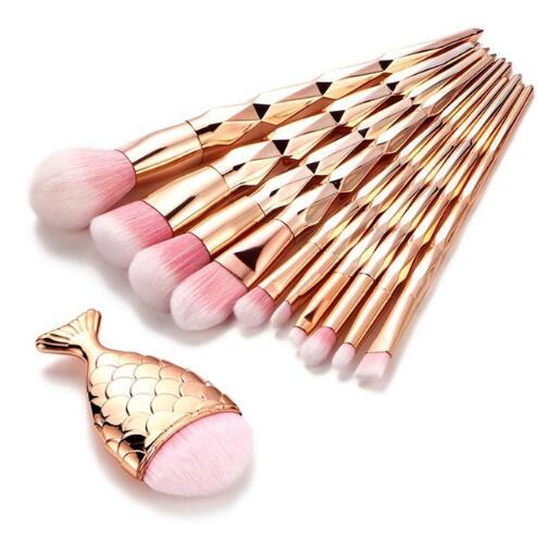 KayBee & Company Diamond / Rose Gold Makeup Brushes Set, Mermaid Tail Brush