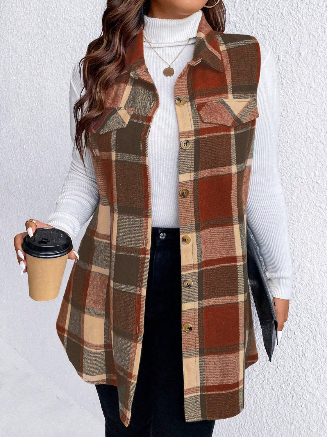 KayBee Honey Pocketed Plaid Button Up Vest Coat
