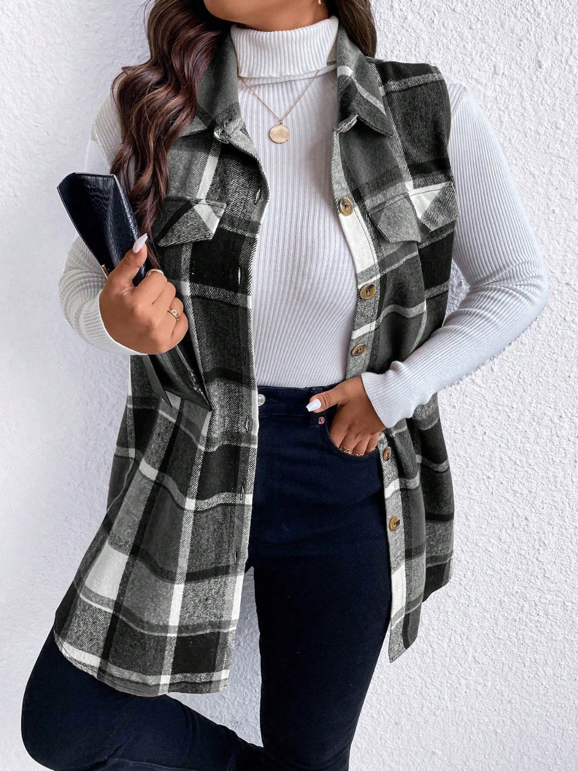 KayBee Honey Pocketed Plaid Button Up Vest Coat