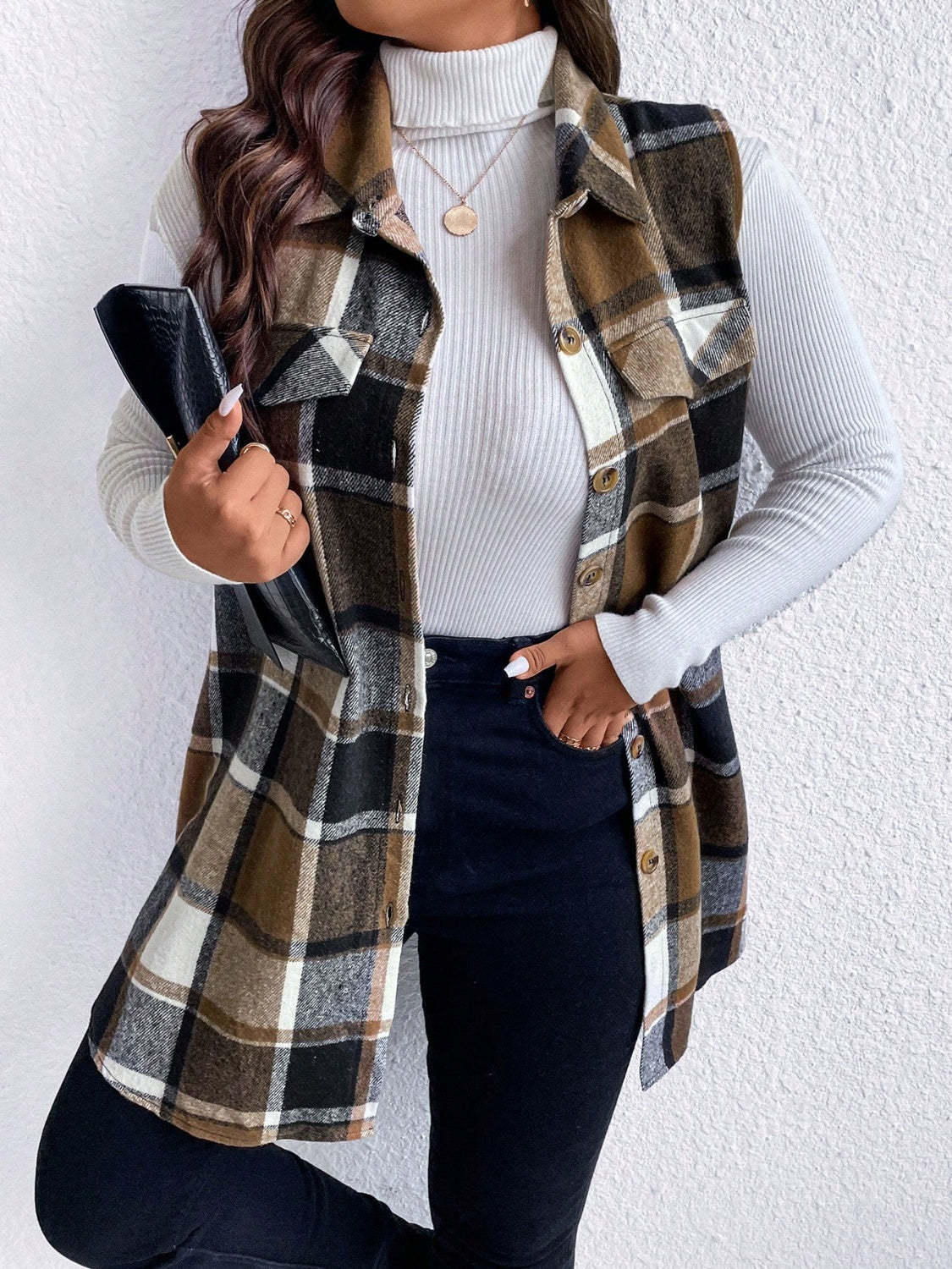 KayBee Honey Pocketed Plaid Button Up Vest Coat