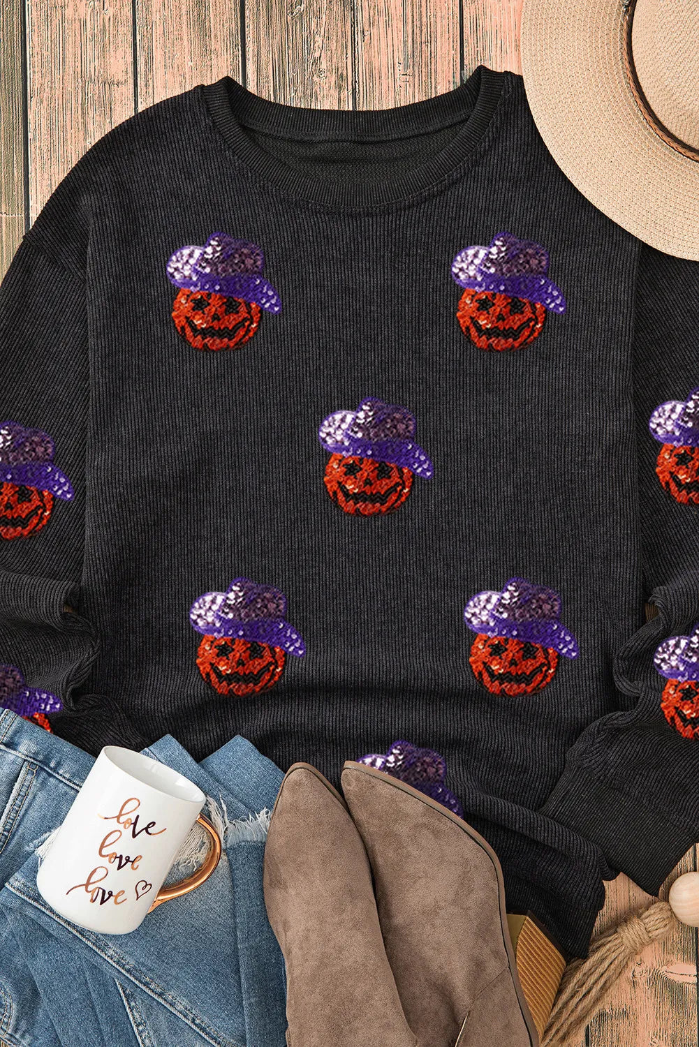 KayBee So Spooky Halloween Sequin Cowgirl Pumpkin Long Sleeve Sweatshirt