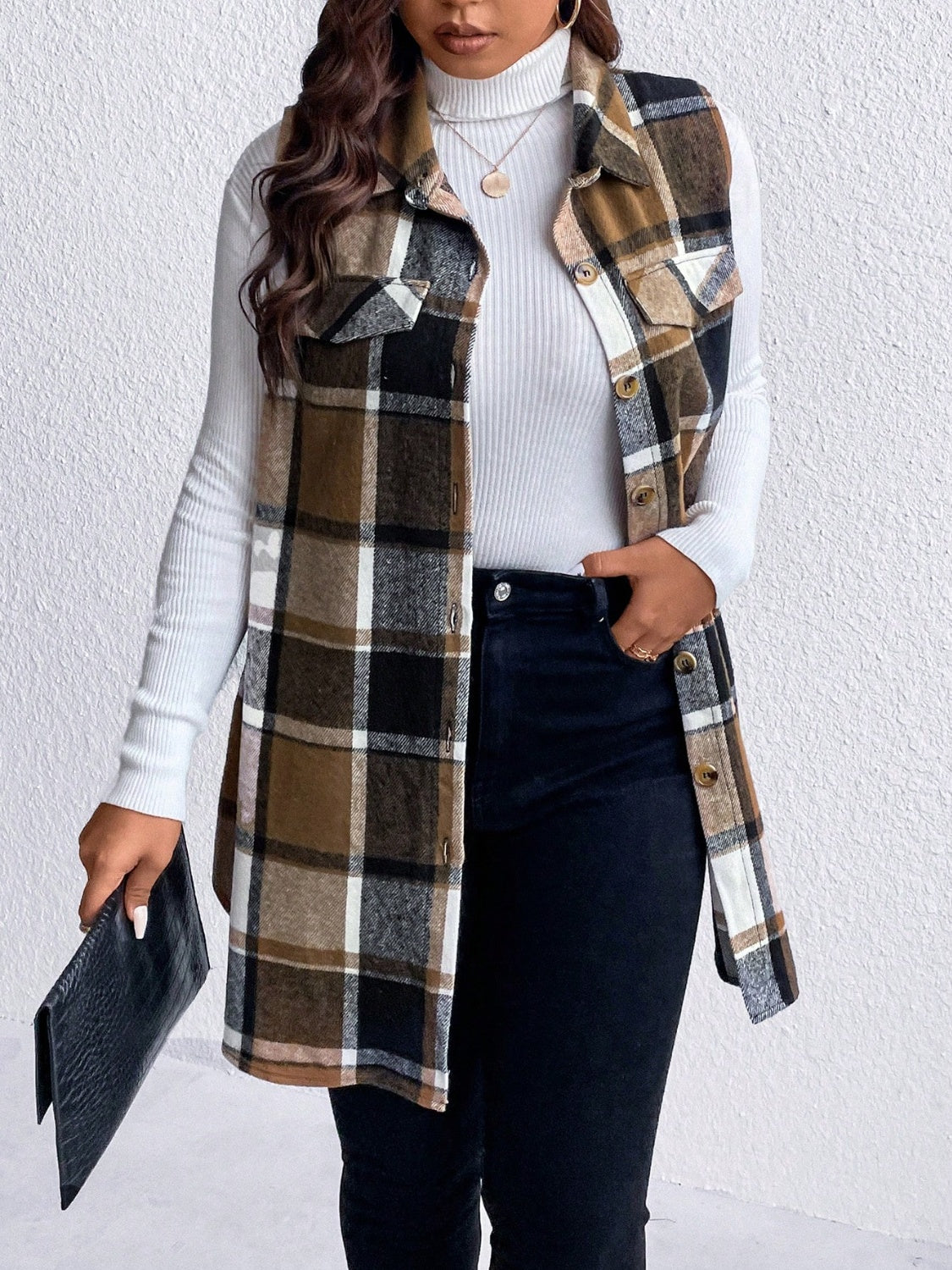 KayBee Honey Pocketed Plaid Button Up Vest Coat