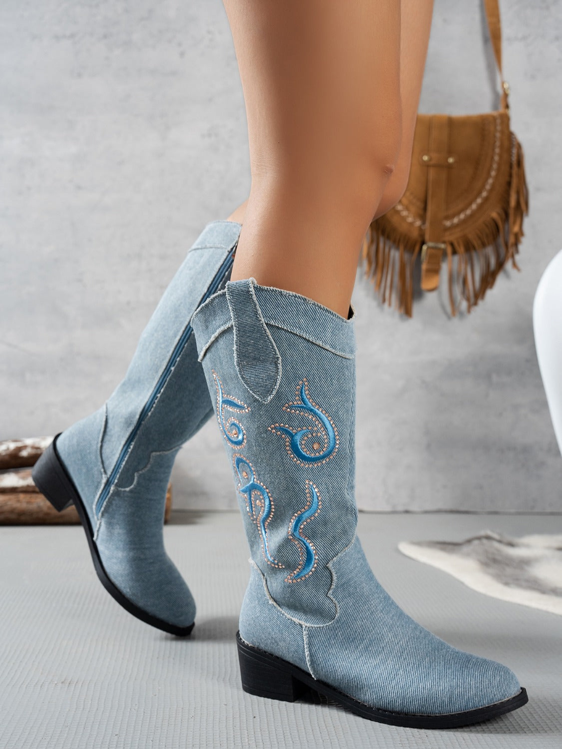 KayBee Embroidered Denim or Khaki Pointed Toe Block Heel Boots