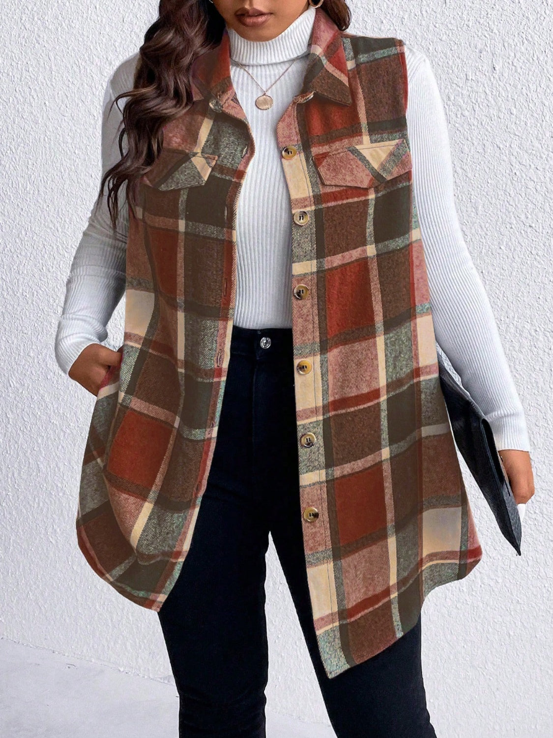KayBee Honey Pocketed Plaid Button Up Vest Coat