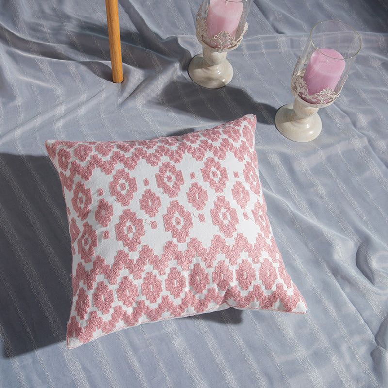 So Pretty in Pink Embroidered Geometric Design Throw Pillowcase
