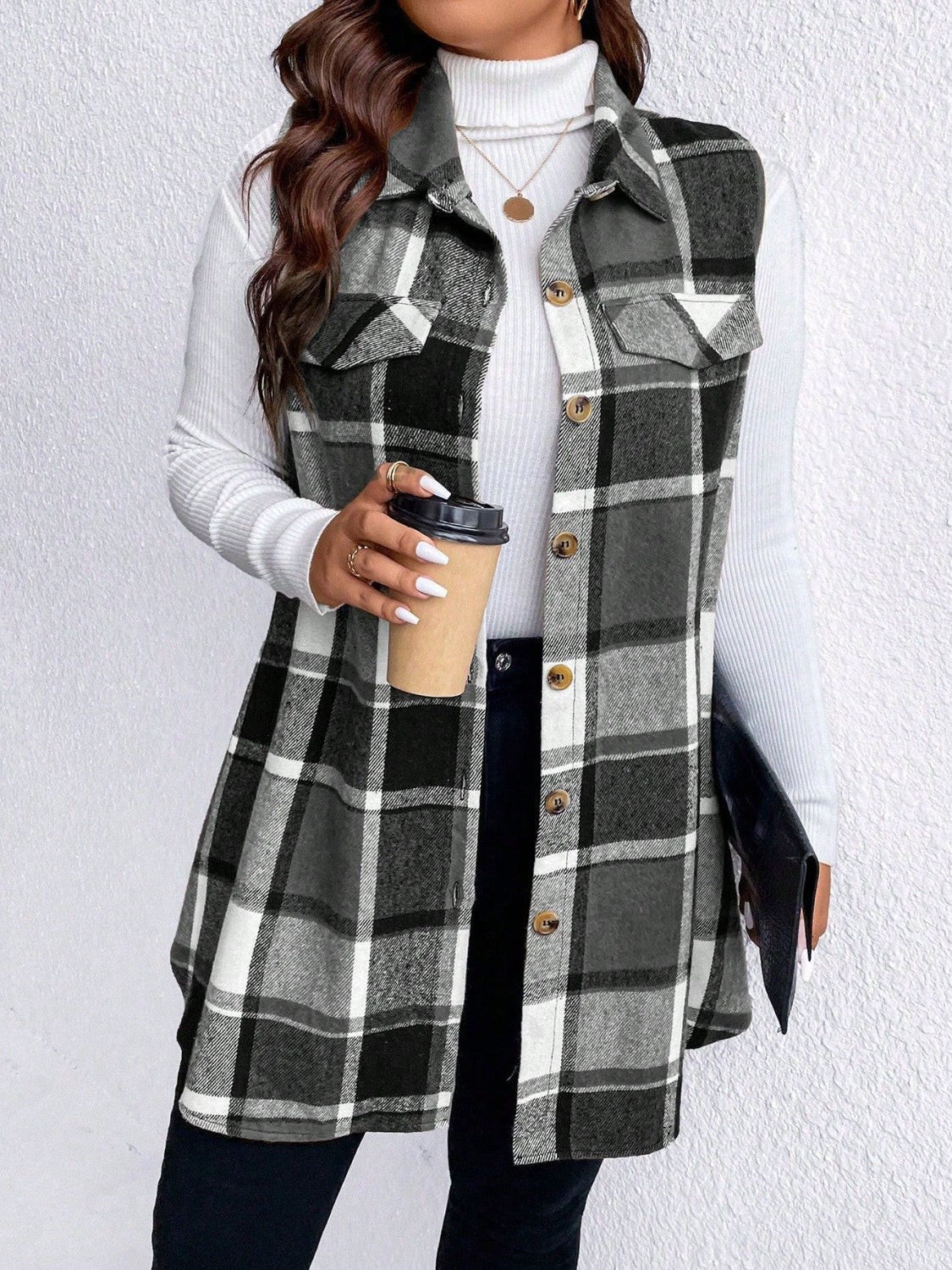 KayBee Honey Pocketed Plaid Button Up Vest Coat
