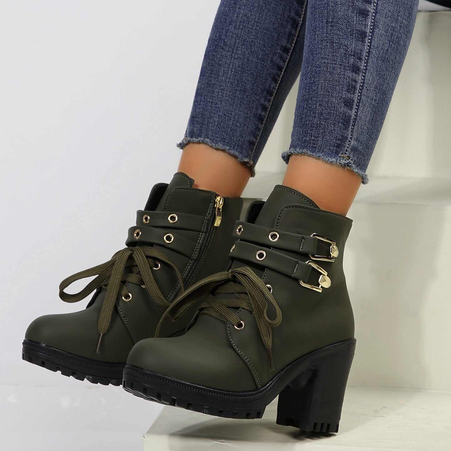 KayBee Leather and Buckles Round Toe Block Heel Boots