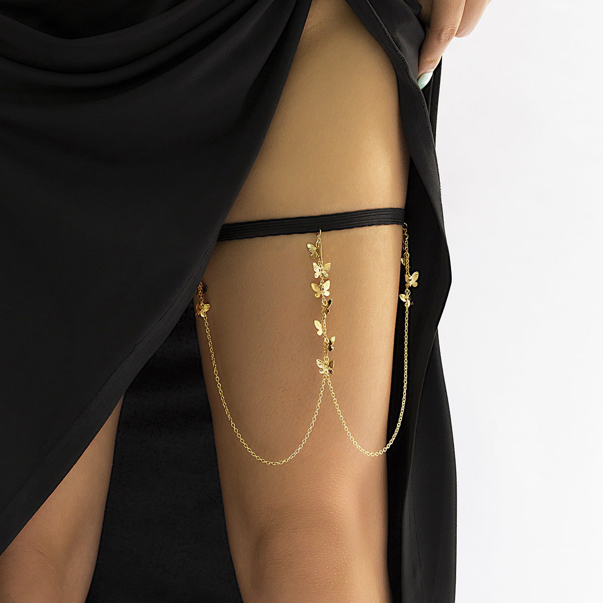Unique and Sexy Black Stretch Metal Butterfly Fringe Thigh Chain