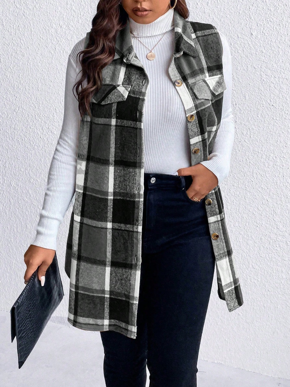 KayBee Honey Pocketed Plaid Button Up Vest Coat
