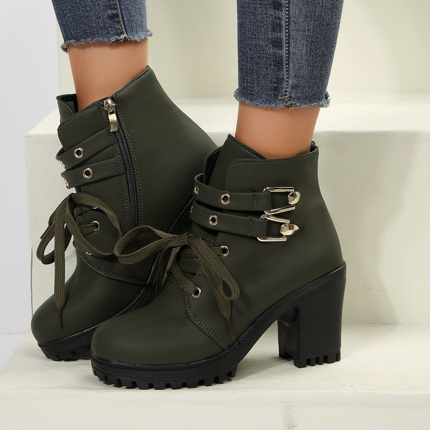 KayBee Leather and Buckles Round Toe Block Heel Boots
