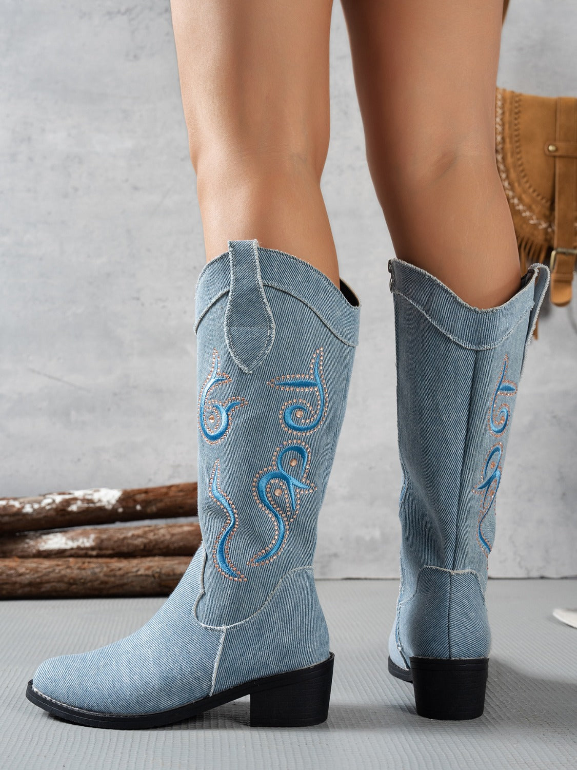 KayBee Embroidered Denim or Khaki Pointed Toe Block Heel Boots