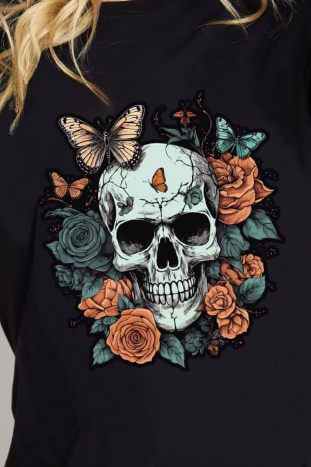 Simply Love SKULLS ROSES BUTTERFLIES Graphic Cotton T-Shirt