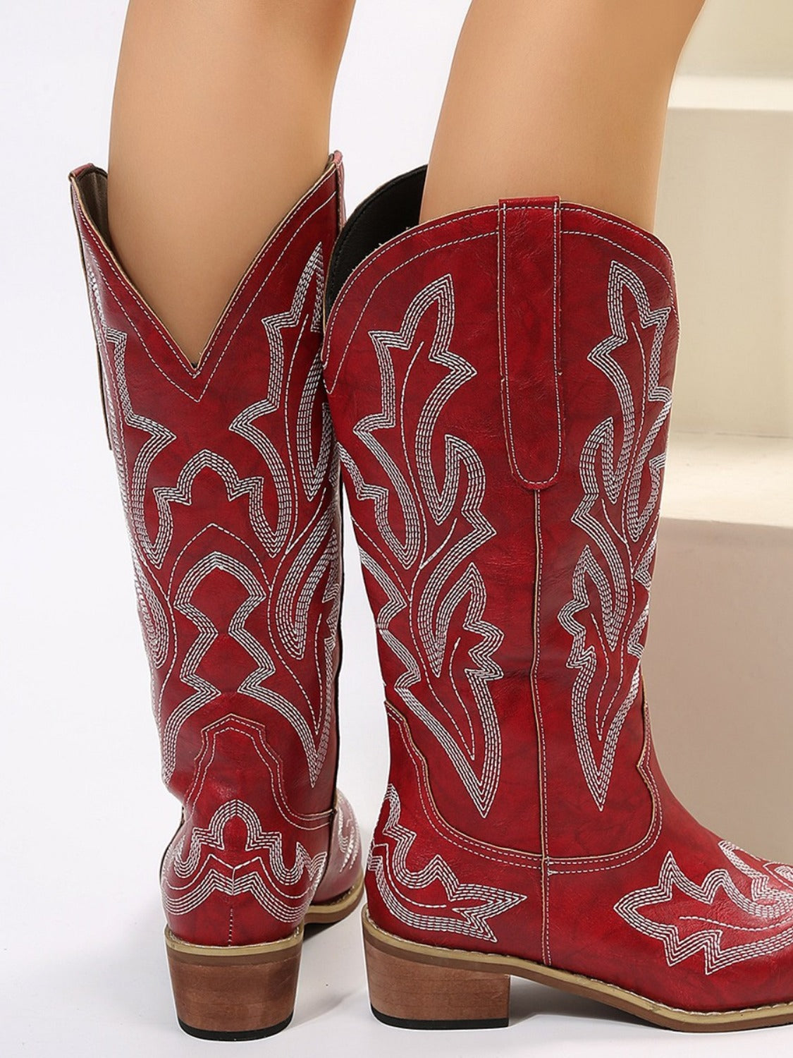 KayBee Leather Embroidered Geometric Point Toe Boots