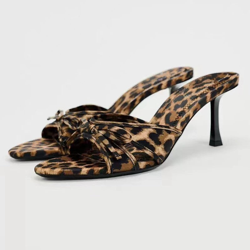 KayBee & Co Bow Leopard Kitten Heel Sandals