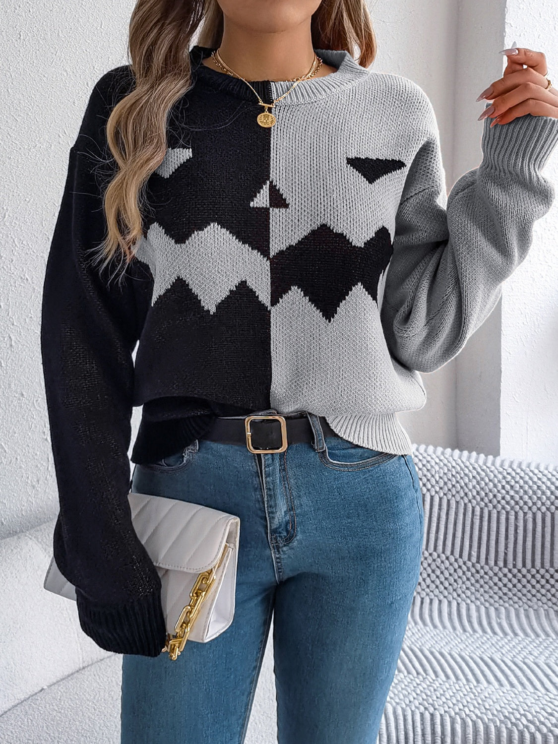 KayBee Halloween Pumpkin Halves Round Neck Long Sleeve Sweater