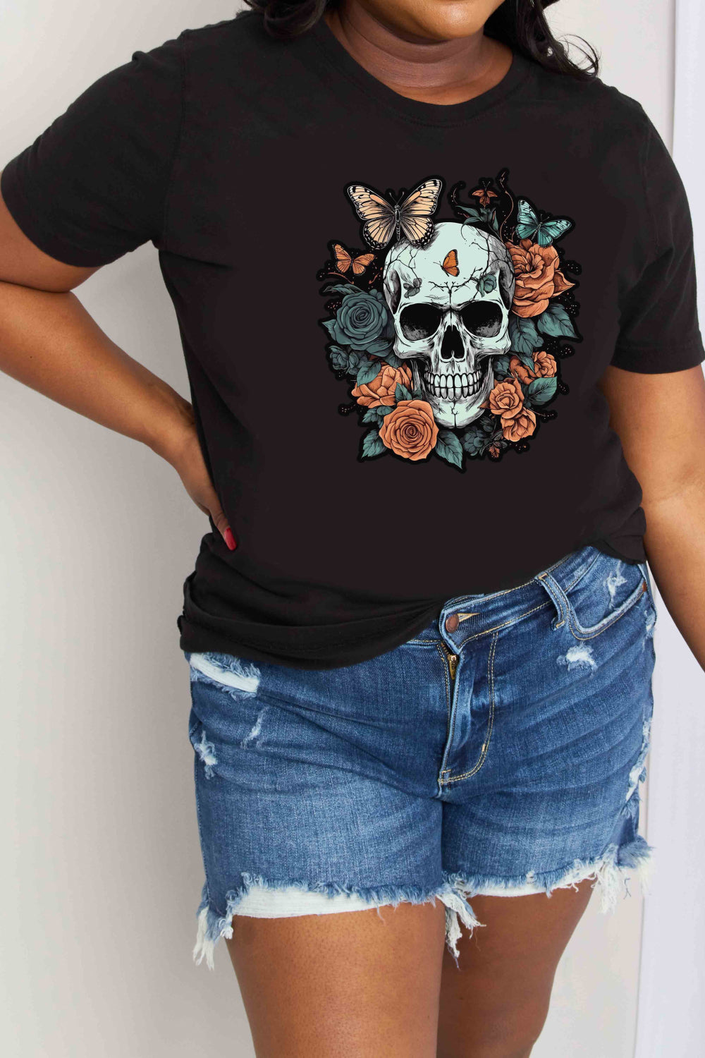 Simply Love SKULLS ROSES BUTTERFLIES Graphic Cotton T-Shirt