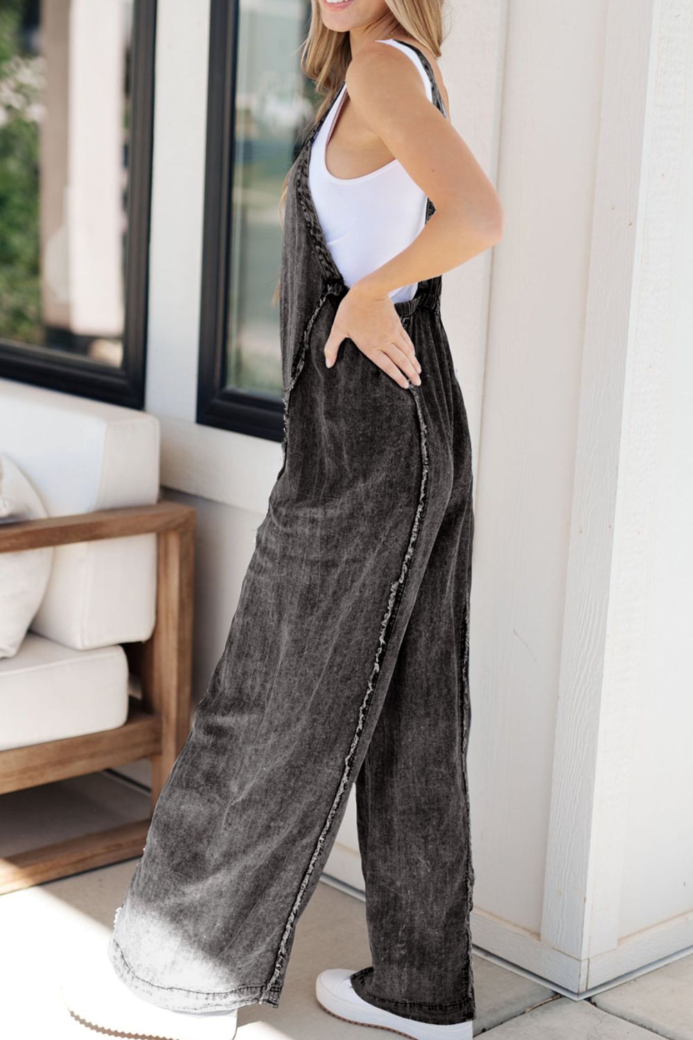 KayBee & Company Frayed Exposed Seam Wide Leg Denim Overalls