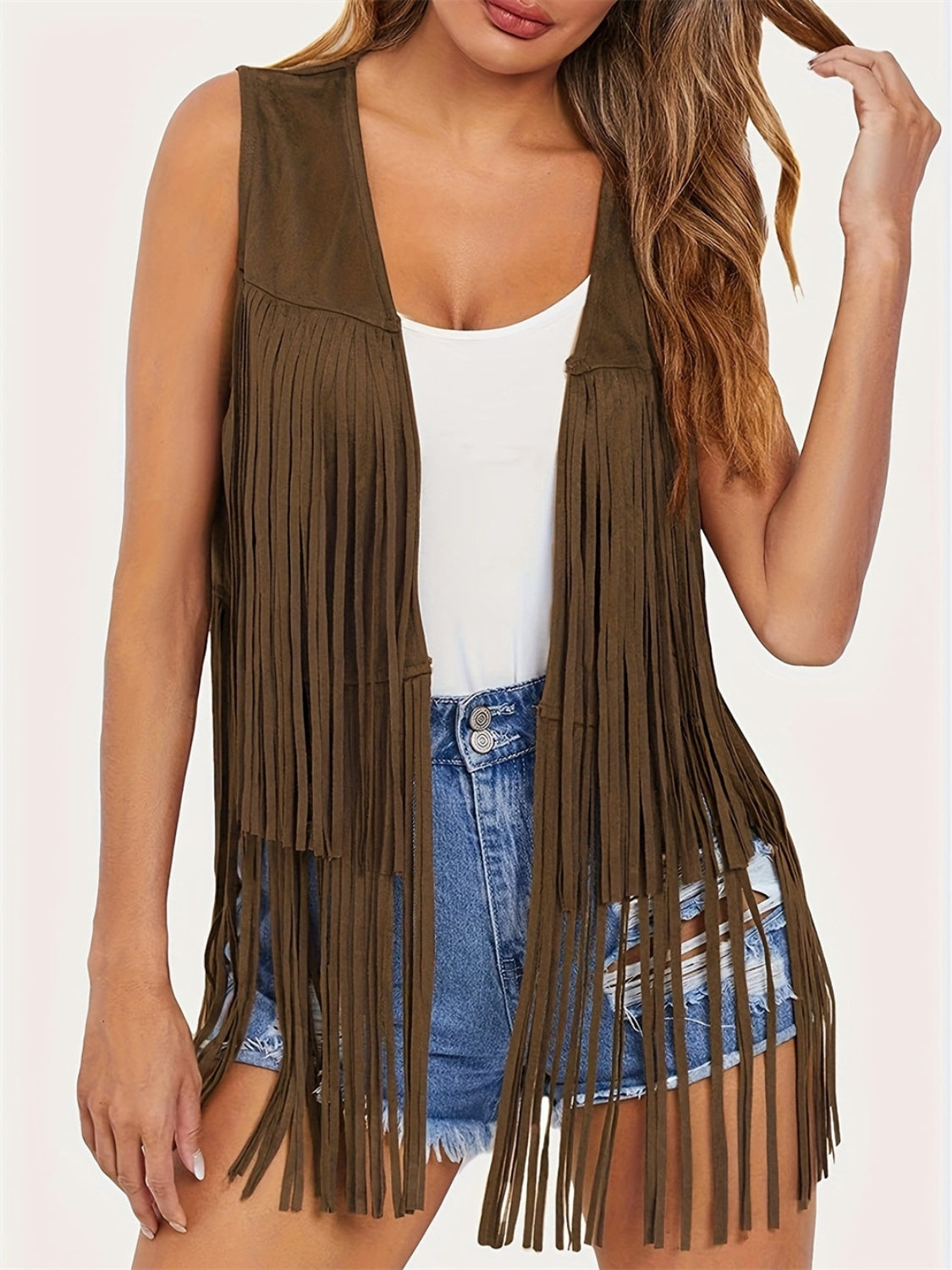 KayBee Fringe Open Front Vest Coat