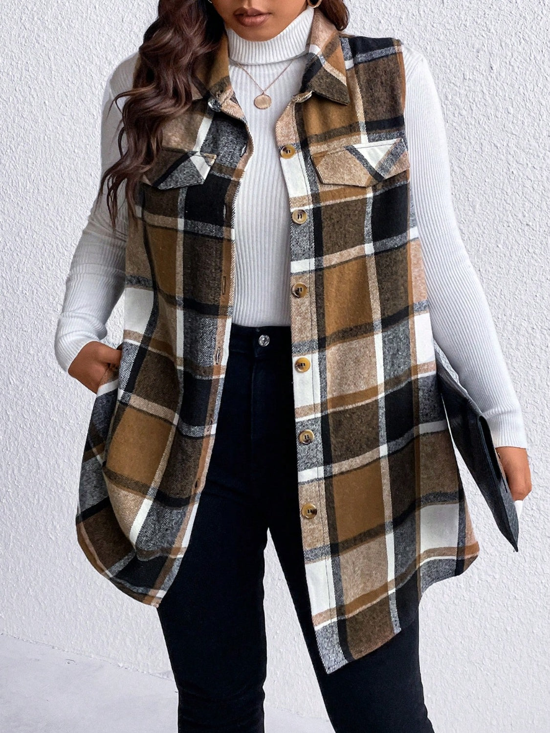 KayBee Honey Pocketed Plaid Button Up Vest Coat