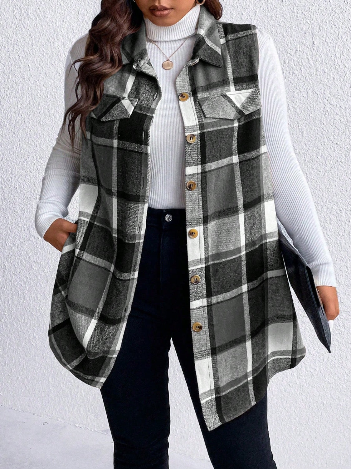 KayBee Honey Pocketed Plaid Button Up Vest Coat