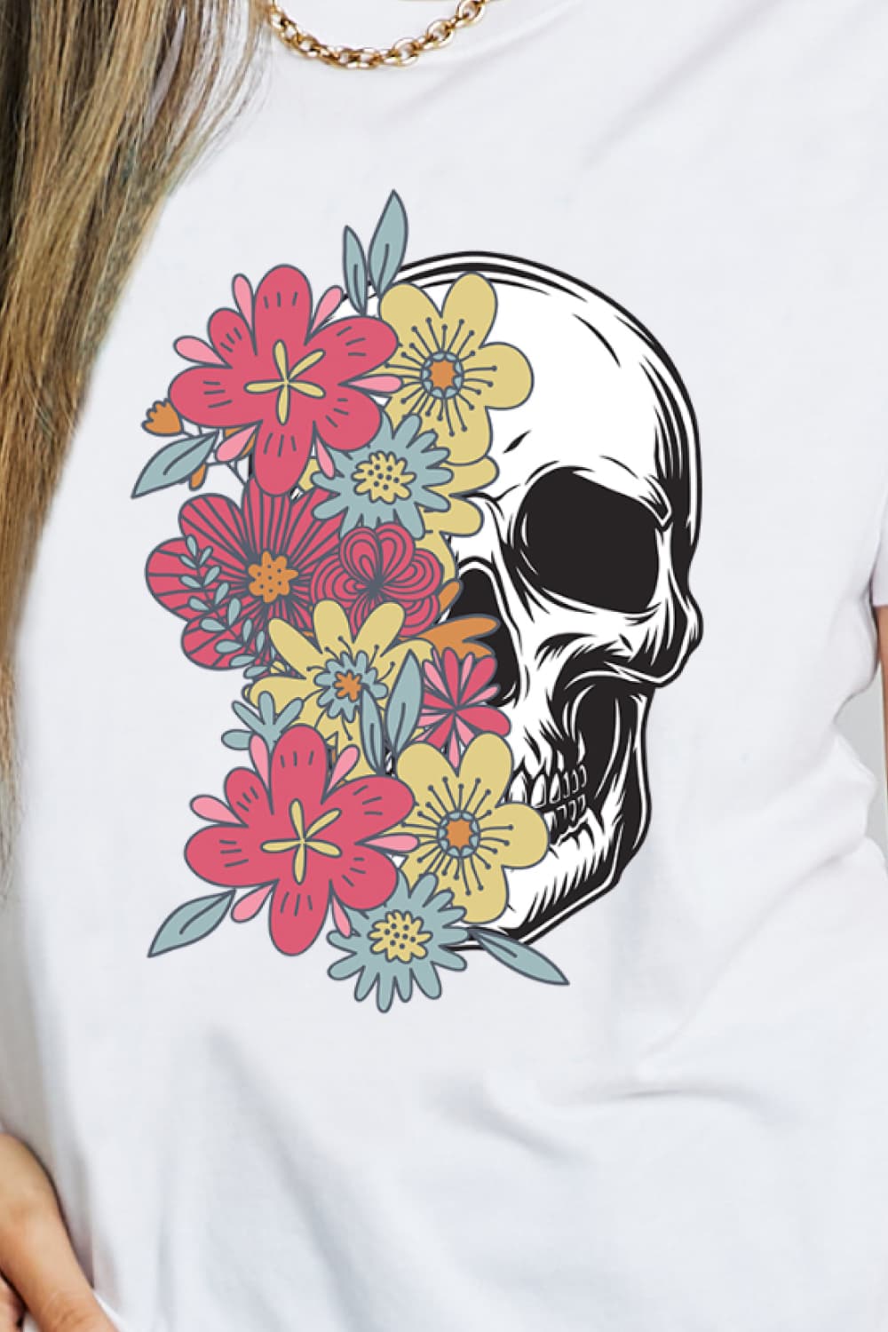 Simply Love HALF ROSES AND SKULL Graphic Cotton T-Shirt