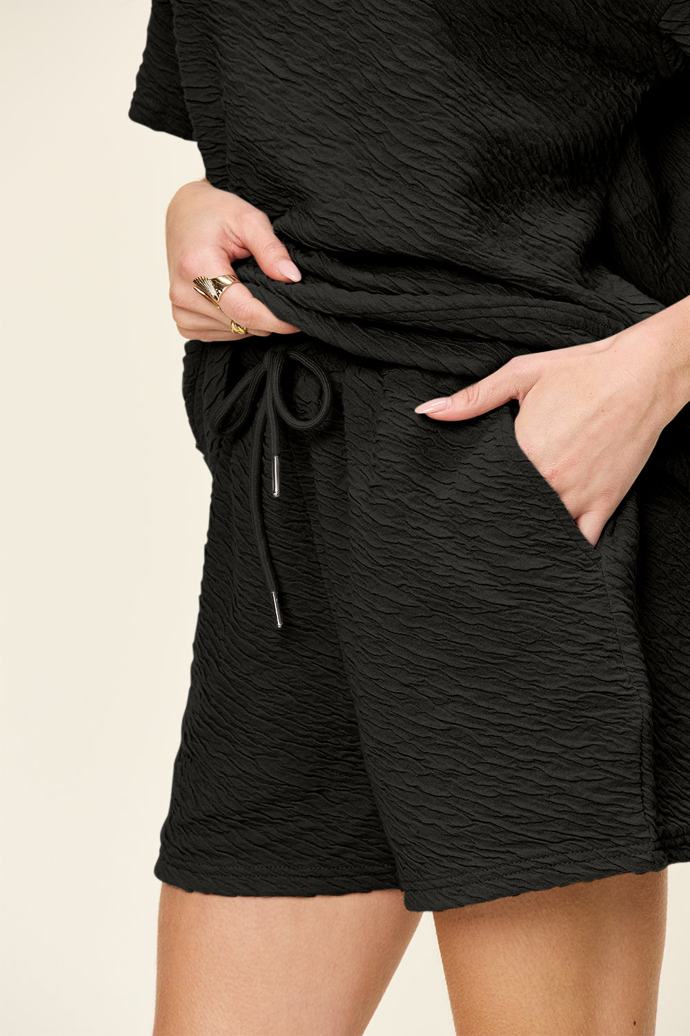 KayBee Double Take Texture Short Sleeve T-Shirt and Drawstring Shorts Set