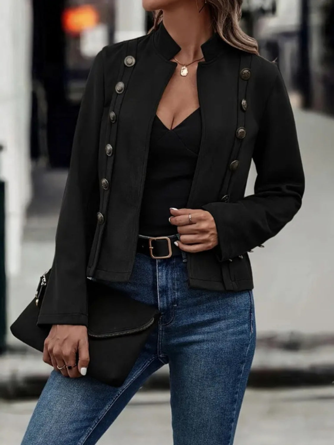 KayBee Decorative Button Open Front Long Sleeve Jacket