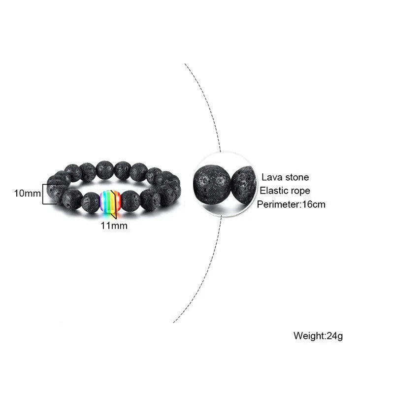 Natural Stone Black Beaded Bracelet with Rainbow Bead