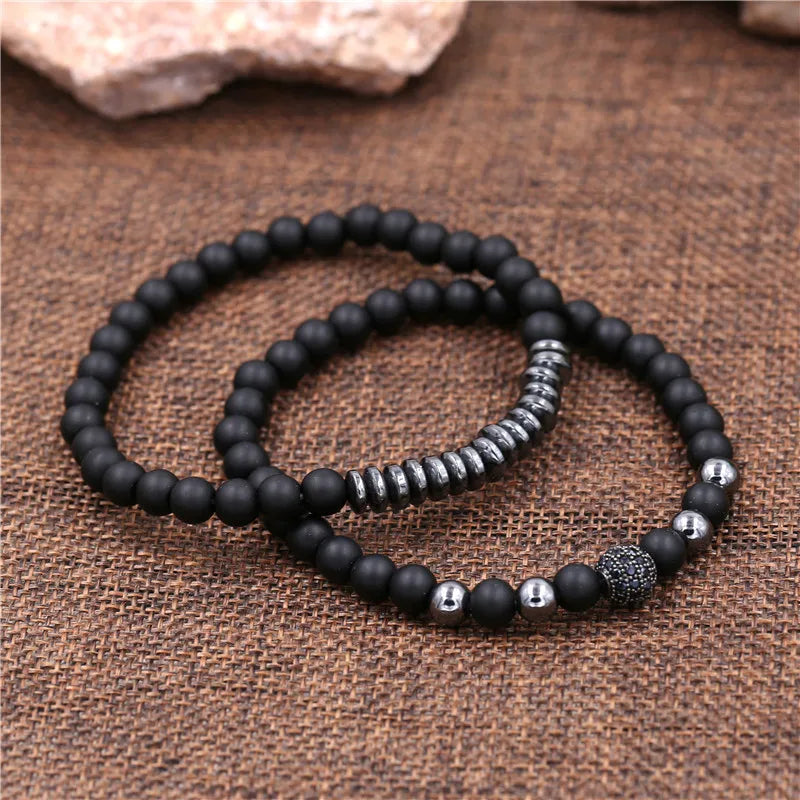 3 Piece Set - Men's Disco Ball & Bar Stainless Steel Matte Stone Bracelet