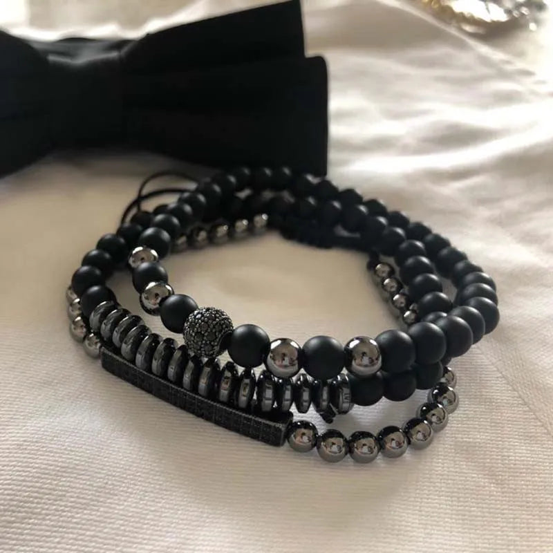 3 Piece Set - Men's Disco Ball & Bar Stainless Steel Matte Stone Bracelet