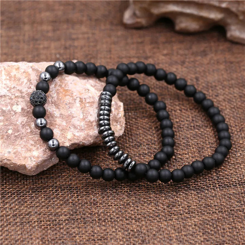 3 Piece Set - Men's Disco Ball & Bar Stainless Steel Matte Stone Bracelet