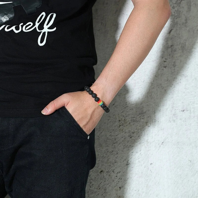Natural Stone Black Beaded Bracelet with Rainbow Bead