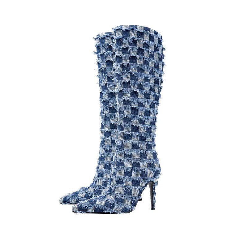 KayBee Chessboard Plaid Denim Blue Cloth Women's Boots