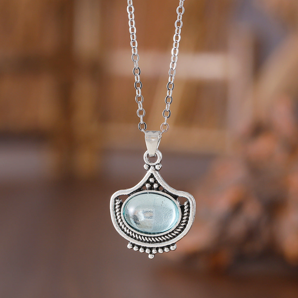 KayBee & Company Vintage Blue Oval Gemstone Pendant Necklace Earrings
