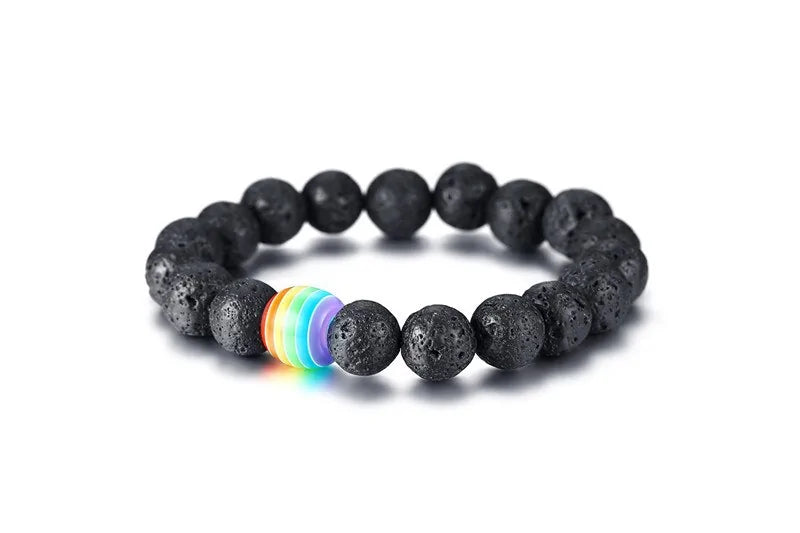 Natural Stone Black Beaded Bracelet with Rainbow Bead