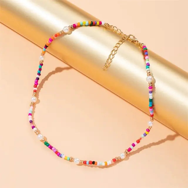 Radiant BoHo Style Colorful Beaded Pearl Choker