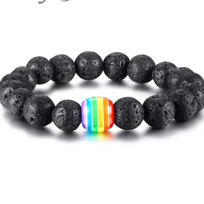 Natural Stone Black Beaded Bracelet with Rainbow Bead
