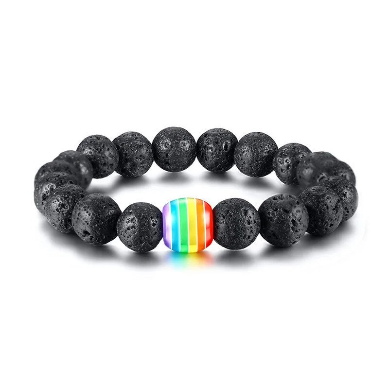 Natural Stone Black Beaded Bracelet with Rainbow Bead