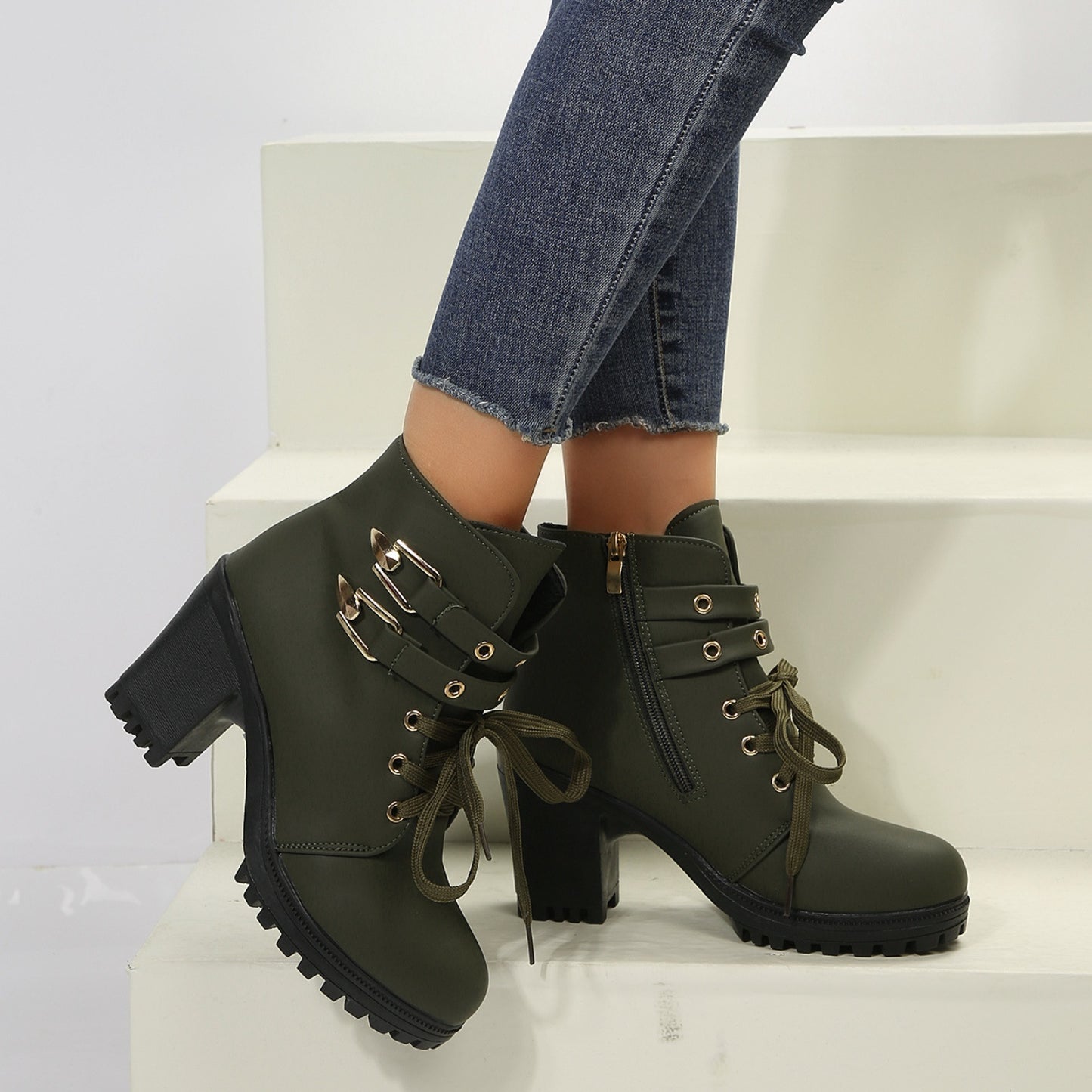 KayBee Leather and Buckles Round Toe Block Heel Boots